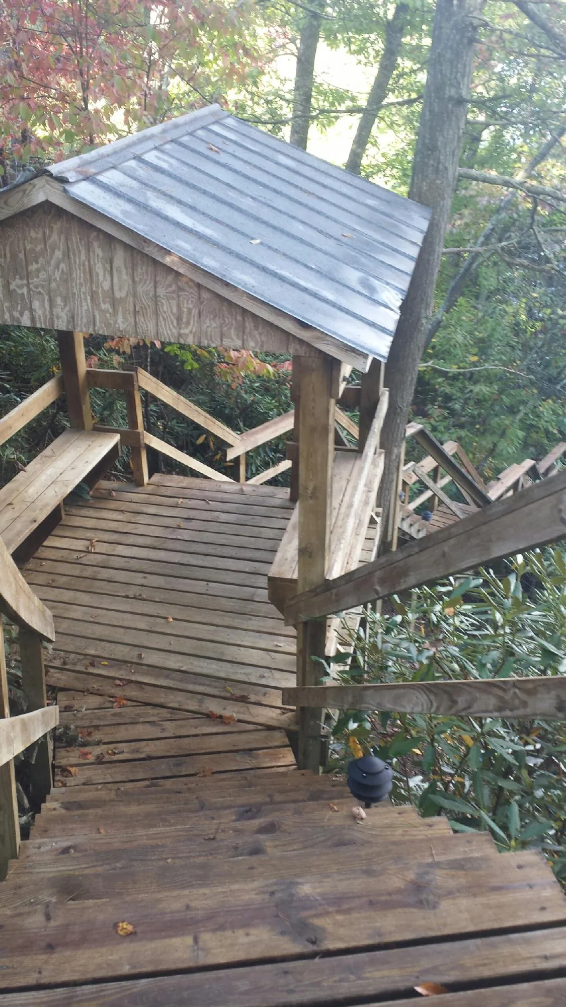 Metal roofed shelter over wooden steps on a wooded walkway — Skylight Repair & Installation work by our crew in Minneapolis